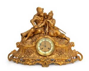 An antique French gilt spelter figural mantle clock with eight day time and bell striking movement, circa 1880, 34cm high