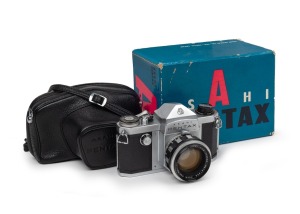 ASAHI KOGAKU: Pentax K SLR camera [#177299] with Auto-Takumar 55mm f1.8 lens [#181666], Asahi Pentax leather case, strap, and maker's box, c. 1958.