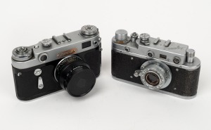 KRASNOGORSK: Group of two cameras - one Zorki C (S) with Industar-22 50mm f3.5 lens, and one Zorki 6 with Jupiter-8 50mm f2 lens and Krasnogorsk lens cap. (2 items)