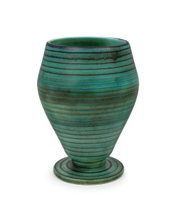 CLARICE CLIFF "Tibeton Bizarre" English Art Deco porcelain vase, green glaze with linear decoration, signed "Tibeton Bizarre by Clarice Cliff, Newport Pottery, Burslem, England", 16cm high.