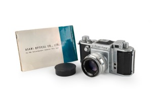 ASAHI KOGAKU: Asahiflex IIA SLR camera [#71076] with Takumar 58mm f2.4 lens [#79990], lens cap, instruction booklet, and Asahi Kogaku leather case, c. 1955.