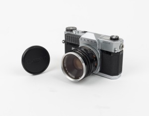 CANON: Canonflex RM SLR camera with Super-Canomatic R 50mm f1.8 lens, Canon UV 1x lens filter, and Canon lens cap, c. 1963.