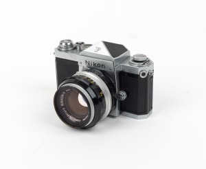 NIPPON KOGAKU: Nikon F SLR camera [#6406610] with Nikkor-S Auto 50mm f1.4 lens [#391613] and Nikkor L1A lens filter, c. 1959.