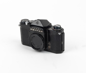 ASAHI KOGAKU: Black-body Pentax S3 SLR camera body [#364017] with body cap and Pentax leather case, c. 1961.