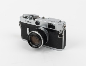 CANON: Canon P rangefinder camera [#758998] with Canon 50mm f1.8 lens [#222650] and Canon leather case, c. 1959.