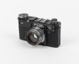 KIEV ARSENAL: Black-body Kiev 4AM rangefinder camera [#8000276] with Jupiter-8M 50mm f2 lens [#7232024], c. 1984.