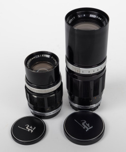 OLYMPUS: Group of two E. Zuiko Auto-T lenses (150mm f4 and 100mm f3.5) with Olympus front and rear lens caps. (2 items)