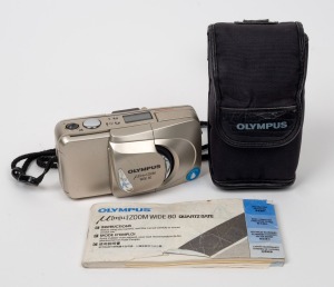 OLYMPUS: Mju Zoom Wide 80 point-and-shoot camera with Olympus pouch and instruction booklet, c. 1998.