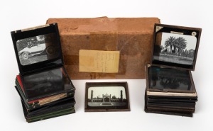 MAGIC LANTERN SLIDES, EARLY MOTORING: Thirty-four 83 x 83mm glass slides, the majority featuring an array of early automobiles and motorcycles and their proud owners, the rest featuring children at play, Indian tourism scenes, and others.