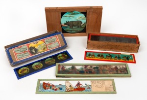 MAGIC LANTERN SLIDES: Group of thirty-two magic lantern slides of mixed size, with subjects including Robinson Crusoe, London Bridge, children at play, ships, trains, bridges, etc.