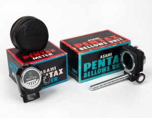 ASAHI KOGAKU: Two camera accessories in maker's boxes - one Pentax Bellows Unit and one Pentax Meter with Pentax leather case. (2 items)