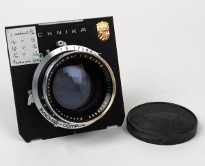 LINHOF: Schneider-Kreuznach Symmar 210mm f5.6/370mm f12 lens [#6749983] with Synchro-Compur shutter and Schneider-Kreuznach front and rear lens caps.