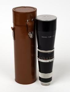 BOLEX-PAILLARD: Macro-Yvar 150mm f3.3 lens [#990945] with lens hood, Kern-Paillard front and rear lens caps, and leather lens case.