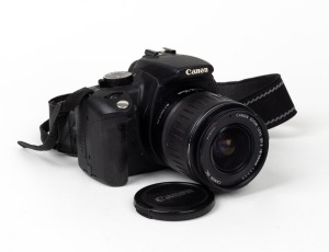 CANON: EOS 350D digital camera with EF-S 18-55mm f3.5-5.6, Canon front lens cap, and Canon EOS Digital strap, c. 2005.