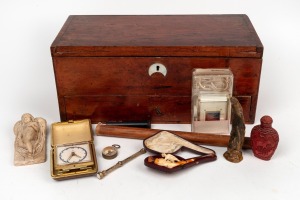 An antique timber box, travel clock, Chinese snuff bottle, West German pocket compass, ornaments, antique retractable gold plated pocket pencil (A/F), photographic light meter, and a meerschaum pipe in leather case (damaged), (qty), ​​​​​​​the box 35cm wi
