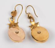 A stunning pair of Australian Colonial antique gold and black enamel earrings adorned with seed pearls in floral motif, housed in a plush fitted leather box with retailer's branding "KILPATRICK & CO. GOLDSMITHS & JEWELLERS TO HIS EXCELLENCY. 39 Collins St - 3