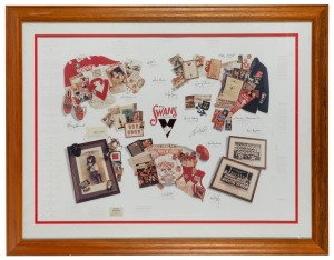 SOUTH MELBOURNE/SYDNEY SWANS: 'Great Moments' poster signed by fifteen club legends including Barry Round, Bob Pratt, Bob Skilton, Tony Lockett, and Paul Kelly, limited edition 'Signatory Print/500', framed and glazed, overall 113 x 88cm, together with Co