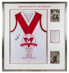 BARRY ROUND'S SWANS TEAM OF THE CENTURY JUMPER: 'Swans Team of the Century' display comprising 1874-2003 Swans Team of the Century guernsey, embroidered 'Barry Round, Ruck, 1976-1985, Games: 193, Goals: 157, Brownlow Medal 1981' and signed by Barry Round;