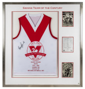 BARRY ROUND'S SWANS TEAM OF THE CENTURY JUMPER: 'Swans Team of the Century' display comprising 1874-2003 Swans Team of the Century guernsey, embroidered 'Barry Round, Ruck, 1976-1985, Games: 193, Goals: 157, Brownlow Medal 1981' and signed by Barry Round;