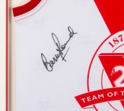 BARRY ROUND'S SWANS TEAM OF THE CENTURY JUMPER: 'Swans Team of the Century' display comprising 1874-2003 Swans Team of the Century guernsey, embroidered 'Barry Round, Ruck, 1976-1985, Games: 193, Goals: 157, Brownlow Medal 1981' and signed by Barry Round; - 2