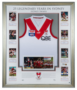 25 LEGENDARY YEARS IN SYDNEY: Display comprising Swans window-mounted guernsey and nine photographs, with original signatures of individual players pictured [Barry Round, Mark Browning, Dennis Carroll, Paul Kelly, Stuart Maxfield, Barry Hall, Leo Barry, a