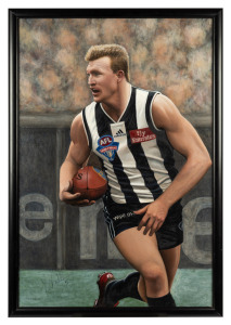 "NATHAN BUCKLEY" a superb original oil painting of Buckley in action wearing his AFL grand finalist Collingwood guernsey: signed by Buckley, and the artist, J. Gofton at lower left, framed overall 97 x 67cm.