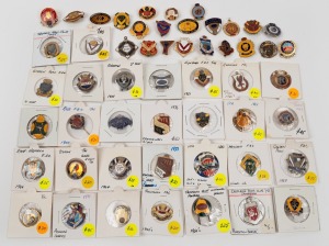 VARIOUS FOOTBALL CLUB MEMBERSHIP FOBS OR BADGES: noted Renmark Rovers 1925, Wiluna Mines Rovers 1932, Ross 1950, Renmark Rovers 1951, Wynyard 1951, West Perth 1953, Riverton 1958, Golden Point 1959, City-South 1959, Wickepin 1963, Glandore 1953, Russell Creel 1964, Toorak 1965, and others (50+).