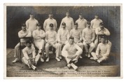 The Australian Cricket Team 1905, real photo postcard by Broom, featuring the whole touring party in the cricket whites and baggy caps featuring the Australian coat-of-arms; the reverse of the card with a printed fixture listing the team's engagements fro