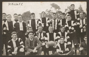 ST. KILDA Football Club, real photo postcard of the 1909 team by J.E.Barnes; issued by Lincoln, Stuart & Co., General Outfitters.