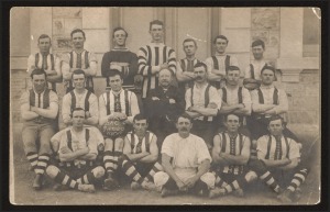 BUTE (S.A.) FOOTBALL CLUB real photo postcard of the team, with the captain, J.C. McDonald, holding a football with the painted legend "B.F.C. Premiers 1909". The team had defeated Mundoora to win the 1909 Premiership. Postally used from BUTE (Oct.1909) t