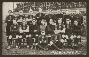 MELBOURNE Football Club, real photo postcard of the 1909 team by J.E.Barnes; issued by Lincoln, Stuart & Co., General Outfitters.