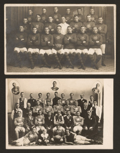 SOUTH AUSTRALIAN FOOTBALL TEAM POSTCARDS: A real photo PC depicting "ALBERTS - PREMIERS 1909-10" (Mt. Gambier origin); also, a real photo PC from the Dimond Studio, Adelaide, depicting "O.M.F.C. - PREMIERS - 1915". (2).