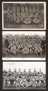 GEELONG FOOTBALL CLUB: Real photo postcards, (3) comprising of one titled "League Football Series GEELONG" believed to be the 1907 team, one by Talma titled "Geelong Football Team 1908", and one by Barner dated 1909 in the plate.