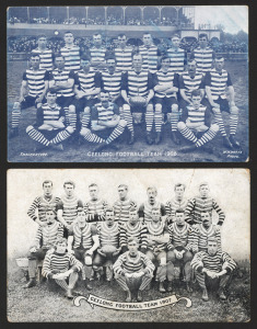 GEELONG Football Team photo postcards depicting the 1907 team (unknown publisher) and the 1908 team (photo by Watts; published by Thacker, (2).