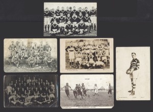 POSTCARDS: 1907 Geelong team; 1909 University team by Barnes; 1913 Coburg Premiership team; a South Melbourne v Geelong action photo circa 1907; circa 1923 Prahran F.C., T. Elston of Geelong (Don Photo); mixed condition. (6 items).