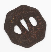 TSUBA antique Japanese Samurai sword guard, cast bronze with gilt highlights and inscription, Edo/Meiji Period, 19th century, 7cm high