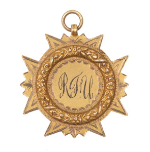 ATHLETICS: prize medal in gold (9ct, 6.12g) with the winner's initials "R.F.U." engraved to the front; the obverse engraved "Club Handicap - 120 yds - won by R.F. URRY - 1925".