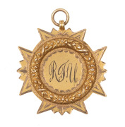 ATHLETICS: prize medal in gold (9ct, 6.12g) with the winner's initials "R.F.U." engraved to the front; the obverse engraved "Club Handicap - 120 yds - won by R.F. URRY - 1925".