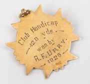 ATHLETICS: prize medal in gold (9ct, 6.12g) with the winner's initials "R.F.U." engraved to the front; the obverse engraved "Club Handicap - 120 yds - won by R.F. URRY - 1925". - 2