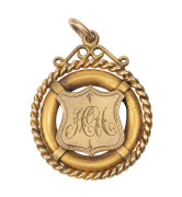 SWIMMING: An award fob in gold (9ct, 8.54g) engraved "H.U." to the shield on the obverse; the reverse engraved "MANLY S[WIMMING] CLUB CARNIVAL - 100 Yds Navy Champ. - H. URRY. 4.1.08". Manly Swimming Club was established in 1905.