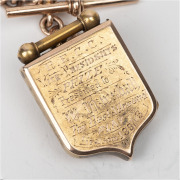 A 9ct gold presentation locket suspended from a 9ct rose-gold chain, (total approx.35g), the back of the locket engraved "R.E.C.C. VICE-PRESIDENT'S PRIZE Presented to W. MARSHALL For Best Allround PLAY - Season 1887-8". - 3