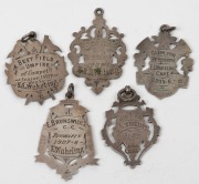 A group of silver (and silver+gold) award fobs to E.L. WAKELING, comprising of 1905-6 Bowling award (Glenlyon C.C.), 1905-6 Premiers (Glenlyon C.C.), 1907-8 Premiers (East Brunswick C.C.), 1908-9 Premiers (East Brunswick C.C.) and 1907 Best Field Umpire ( - 2