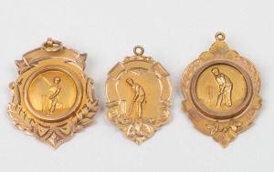 Various 9ct gold cricket presentation fobs, (3, 10g+), one engraved "H.C.C. * PRESENTED TO A. LETCH * FOR BOWLING AVERAGE - SEASON 1922-3"; another engraved "R.C.C. PREMIERS - 1925-26 - L. WESCOTT"; and the last, depicting a batsman at the wicket is uneng
