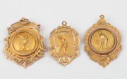 Various 9ct gold cricket presentation fobs, (3, 10g+), one engraved "H.C.C. * PRESENTED TO A. LETCH * FOR BOWLING AVERAGE - SEASON 1922-3"; another engraved "R.C.C. PREMIERS - 1925-26 - L. WESCOTT"; and the last, depicting a batsman at the wicket is uneng