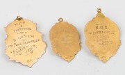 Various 9ct gold cricket presentation fobs, (3, 10g+), one engraved "H.C.C. * PRESENTED TO A. LETCH * FOR BOWLING AVERAGE - SEASON 1922-3"; another engraved "R.C.C. PREMIERS - 1925-26 - L. WESCOTT"; and the last, depicting a batsman at the wicket is uneng - 2