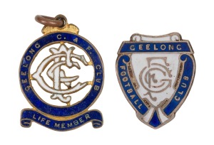 GEELONG: Life Member's medal, enamel with GFC in the middle, surrounded by 'Geelong C. & F. Club / Life Member', and engraved on reverse 'K.MclLAREN 1955', made by K.G.Luke; together with his Geelong supporter's badge, also by Luke. K.McLaren was Geelong