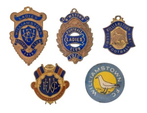 WILLIAMSTOWN FOOTBALL CLUB: 1910 and 1912 "LADIES" Membership fobs made by Bentley; a 1913 Membership fob made by Bridgland & King; a 1950s membership badge made by K.G. Luke, and a 1950's Argus tin badge. A scarce group. (5 items).