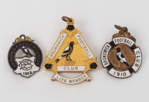BRUNSWICK FOOTBALL CLUB: 1908 membership fob made by Wittenbach; 1910 membership fob (#1621) made by Tucker Bros.; together with a BRUNSWICK FOOTBALL CLUB life member's fob featuring a magpie engraved to "F.E. Stancliffe Esq. 1915" made by Stokes (3 items