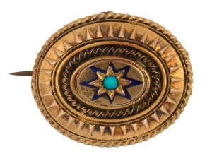 An antique oval yellow gold mourning brooch, set with a turquoise, with mourning window on reverse, 19th century, ​​​​​​​3.5cm wide, 6.7 grams total