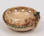 MARGUERITE MAHOOD pierced pottery bowl with scrolling decoration and applied dragon, incised "Marguerite Mahood", 5cm high, 11cm wide - 7